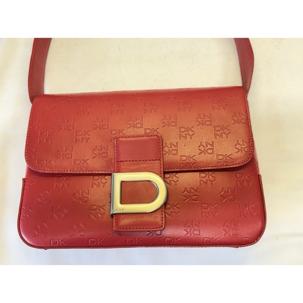 Vtg DKNY Logo Red Leather Small Shoulder Bag Purse Y2K Academia W/ Dust Bag - Picture 3 of 12